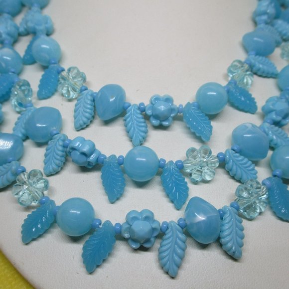 SIGNED W GERMANY NECKLACE Triple Strand Blue Flower Necklace Fruit Salad Beaded - Picture 2 of 12